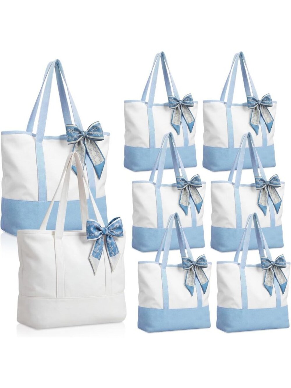 8 Pack Canvas Tote Bags with Zipper - Stylish Bride Design, Blue & White Bow